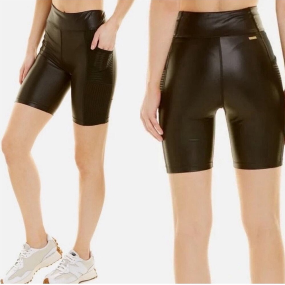 ALALA Mirage Coated High Rise Ribbed Mesh Biker Shorts in Black Size 2X